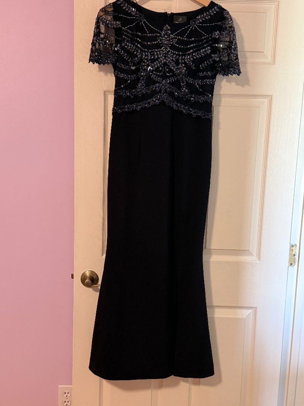 Adrianna Papell -Short Sleeve Stretch Crepe Pearly Beaded Gown In Navy Blue